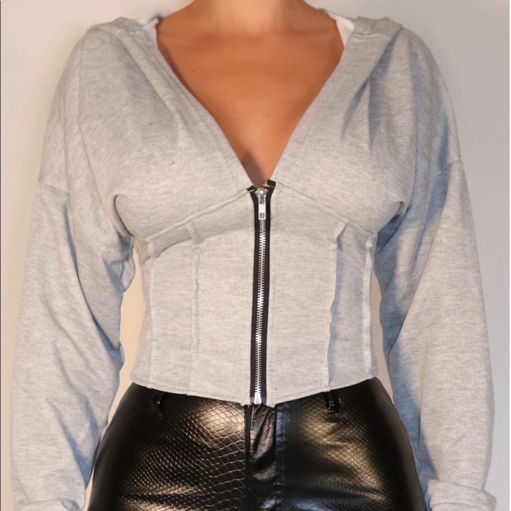 Grey Zip Up Fitted Hoodie